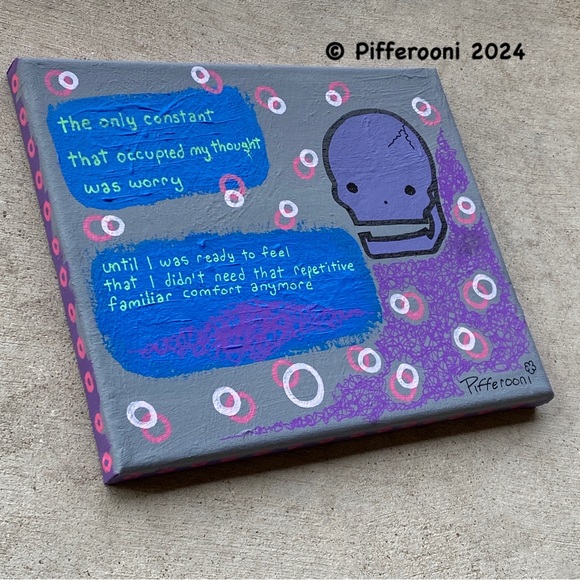 Original WORRY Cute Skull Truism Poetry Painting - Picture 2 of 2